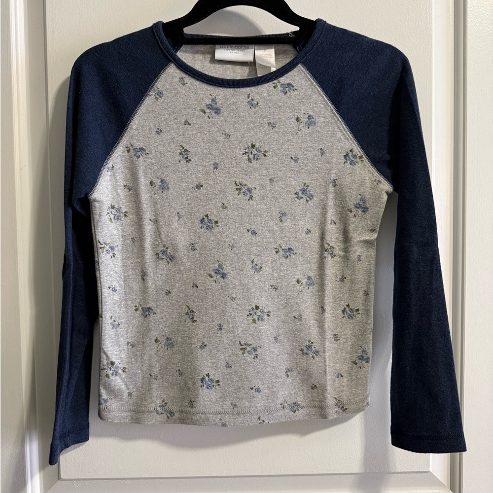 Liz Claiborne Floral Long Sleeve Tee - Gray and Blue